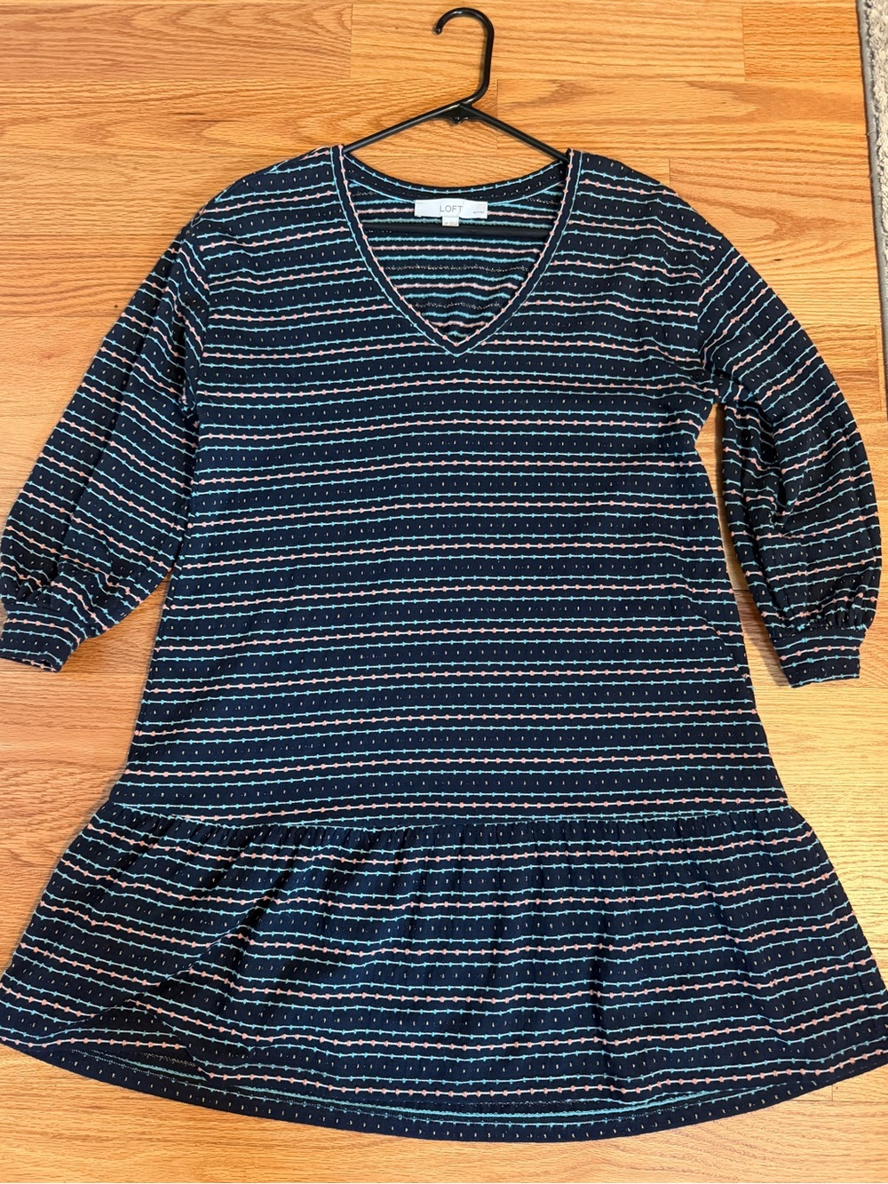 LOFT Navy Striped V-Neck Dress with Multicolor Dots